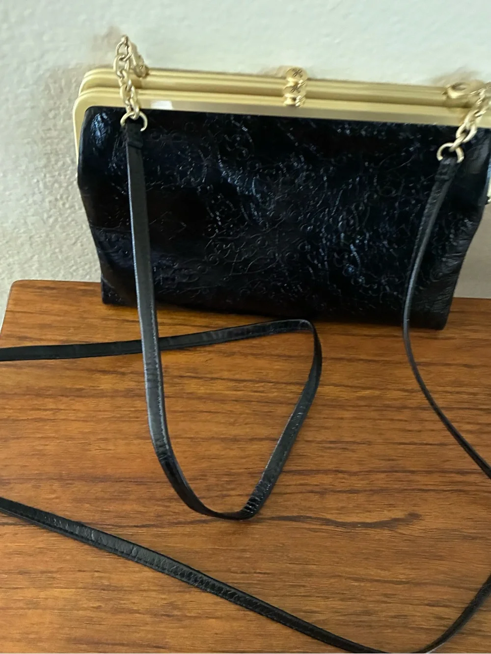 Hobo Black Embossed Leather Clutch / crossbody with matte Gold Trim